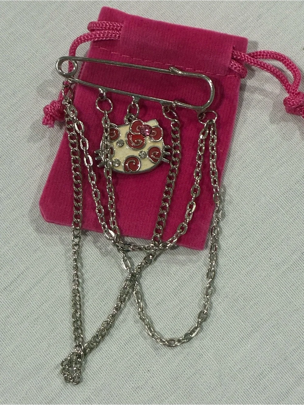 Hello Kitty Charm Safety Pin Brooch Chain Dangle